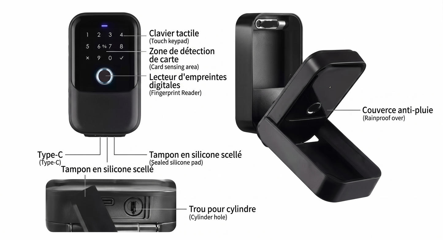 Schéma technique bilingue de KEY KEEPER : clavier tactile, zone de détection de carte, lecteur d'empreinte, couvercle anti-pluie, trou pour cylindre de clé de secours