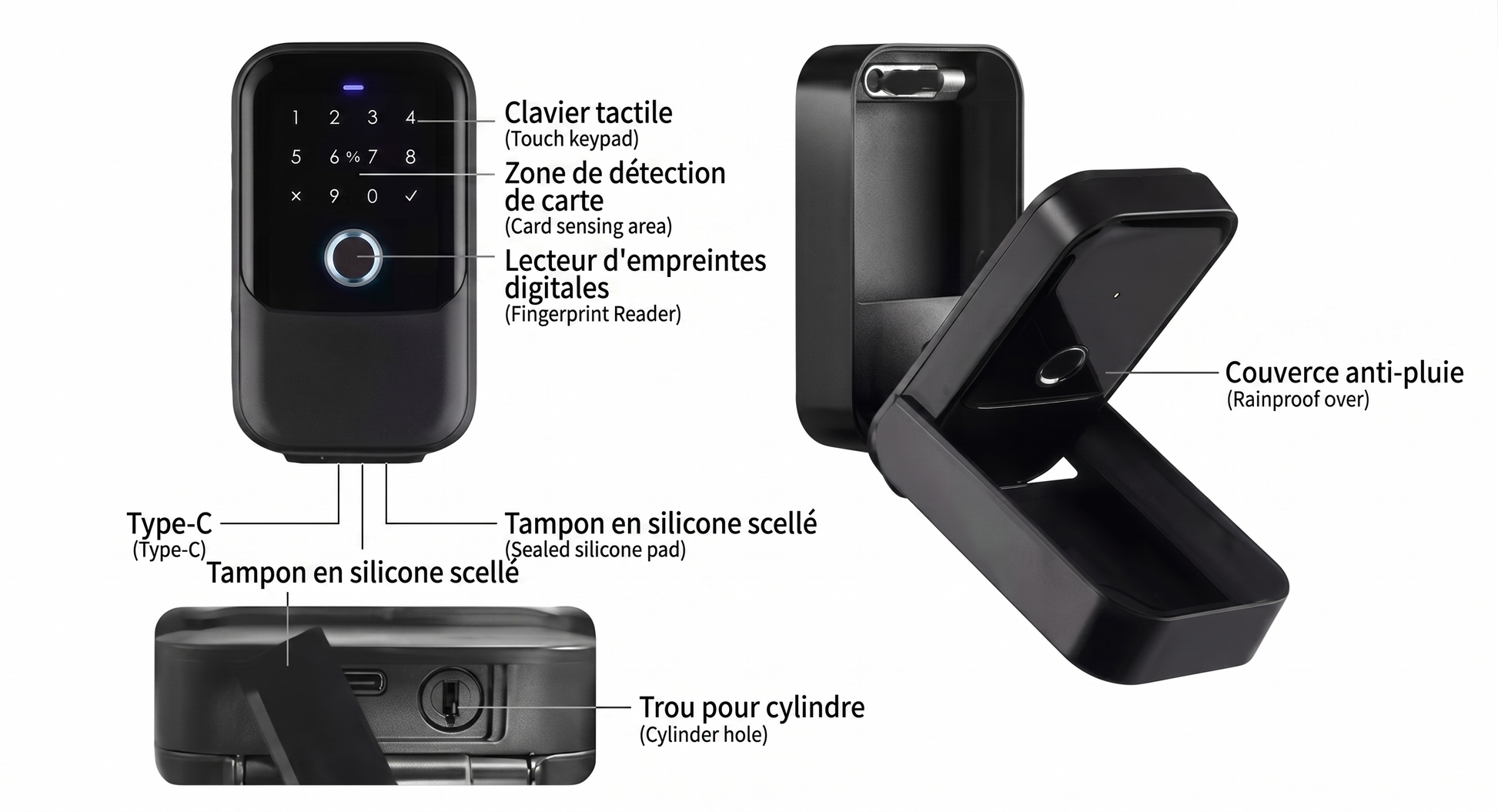 Schéma technique bilingue de KEY KEEPER : clavier tactile, zone de détection de carte, lecteur d'empreinte, couvercle anti-pluie, trou pour cylindre de clé de secours