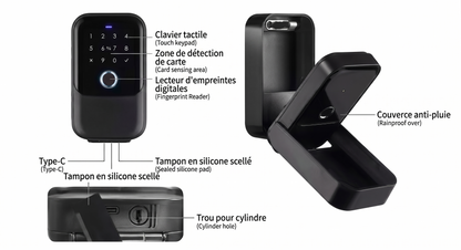 Schéma technique bilingue de KEY KEEPER : clavier tactile, zone de détection de carte, lecteur d'empreinte, couvercle anti-pluie, trou pour cylindre de clé de secours