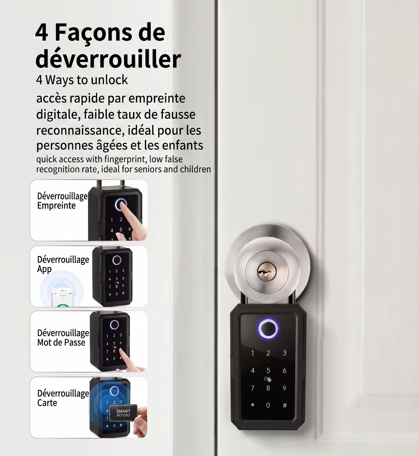 Infographie présentant les 4 méthodes de déverrouillage du cadenas CASIER PRO : empreinte, application, code, badge