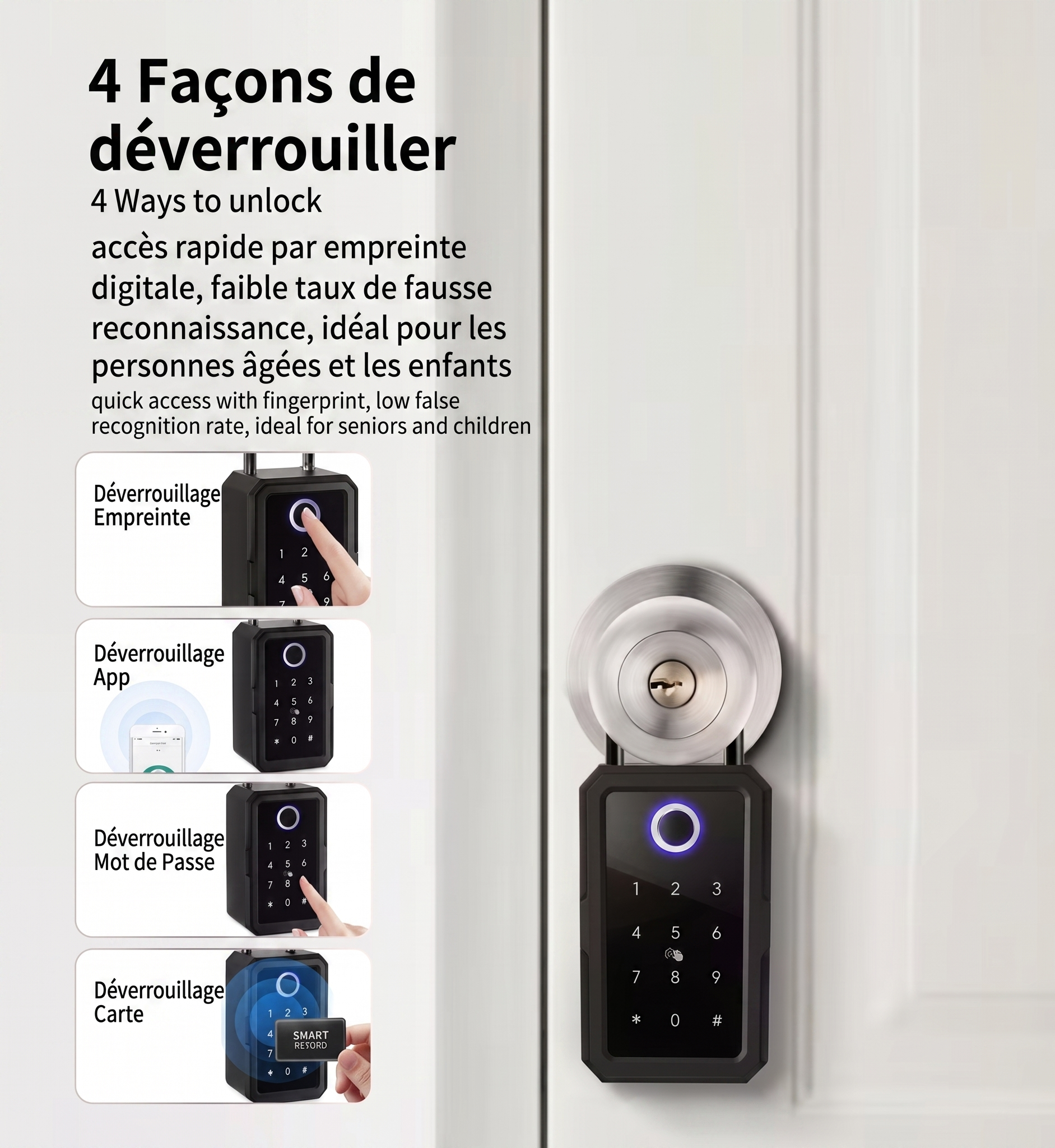 Infographie présentant les 4 méthodes de déverrouillage du cadenas CASIER PRO : empreinte, application, code, badge