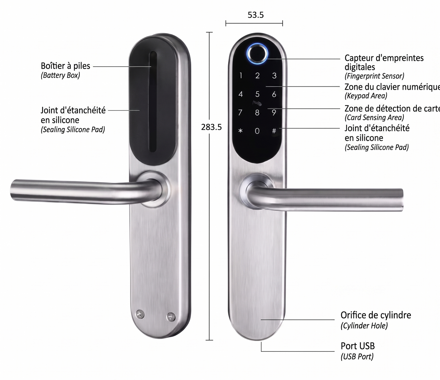 Schéma technique de la poignée GRIP ID avec dimensions et légendes : capteur d'empreinte, clavier, joint d'étanchéité, orifice de cylindre, port USB