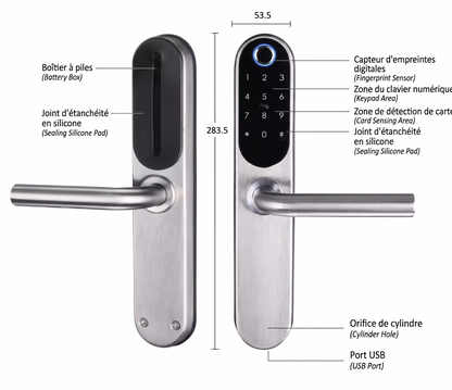 Schéma technique de la poignée GRIP ID avec dimensions et légendes : capteur d'empreinte, clavier, joint d'étanchéité, orifice de cylindre, port USB