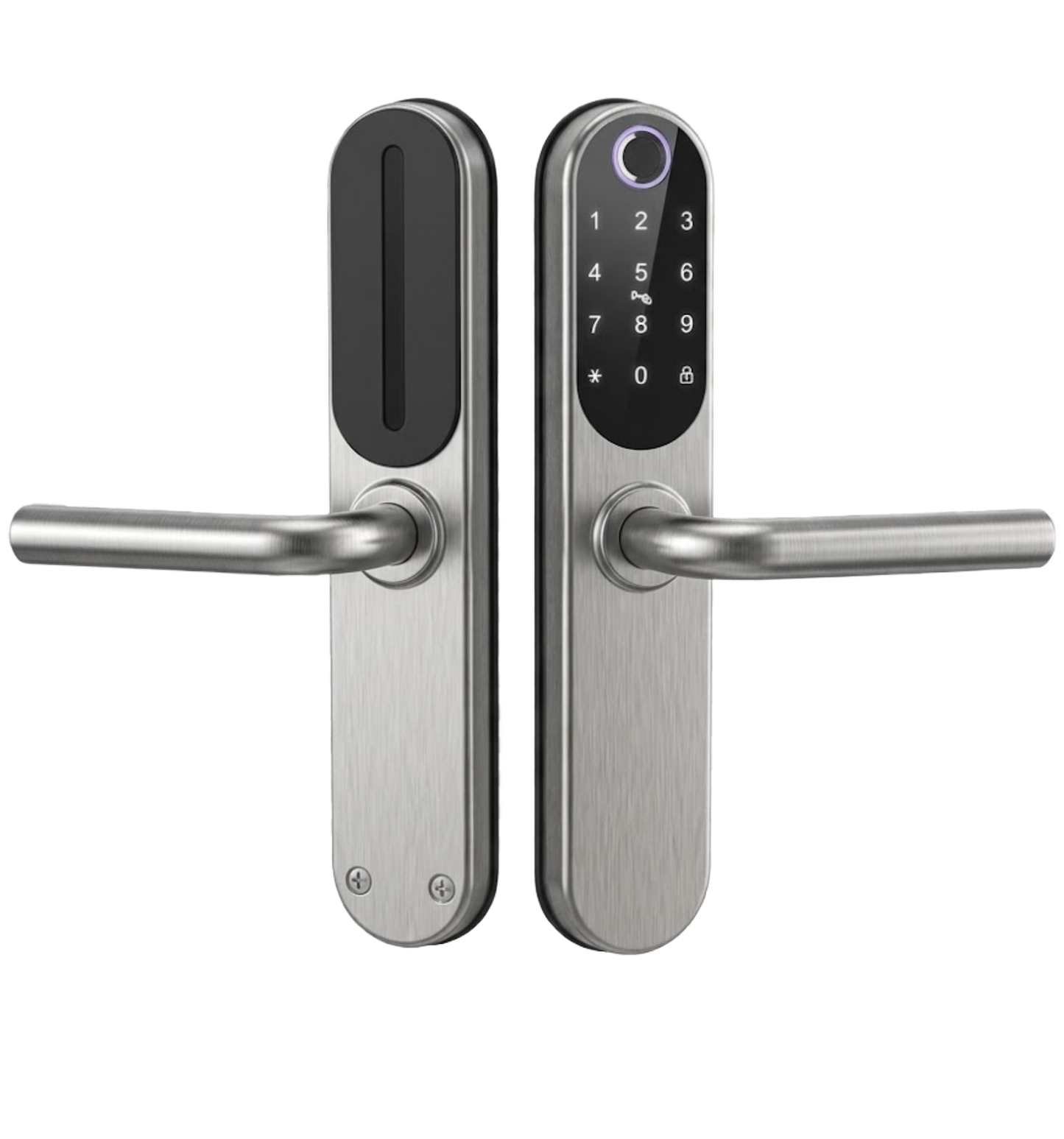 Poignée de porte biométrique GRIP ID en finition inox et en finition noire, vue de face avec clavier et capteur d'empreinte