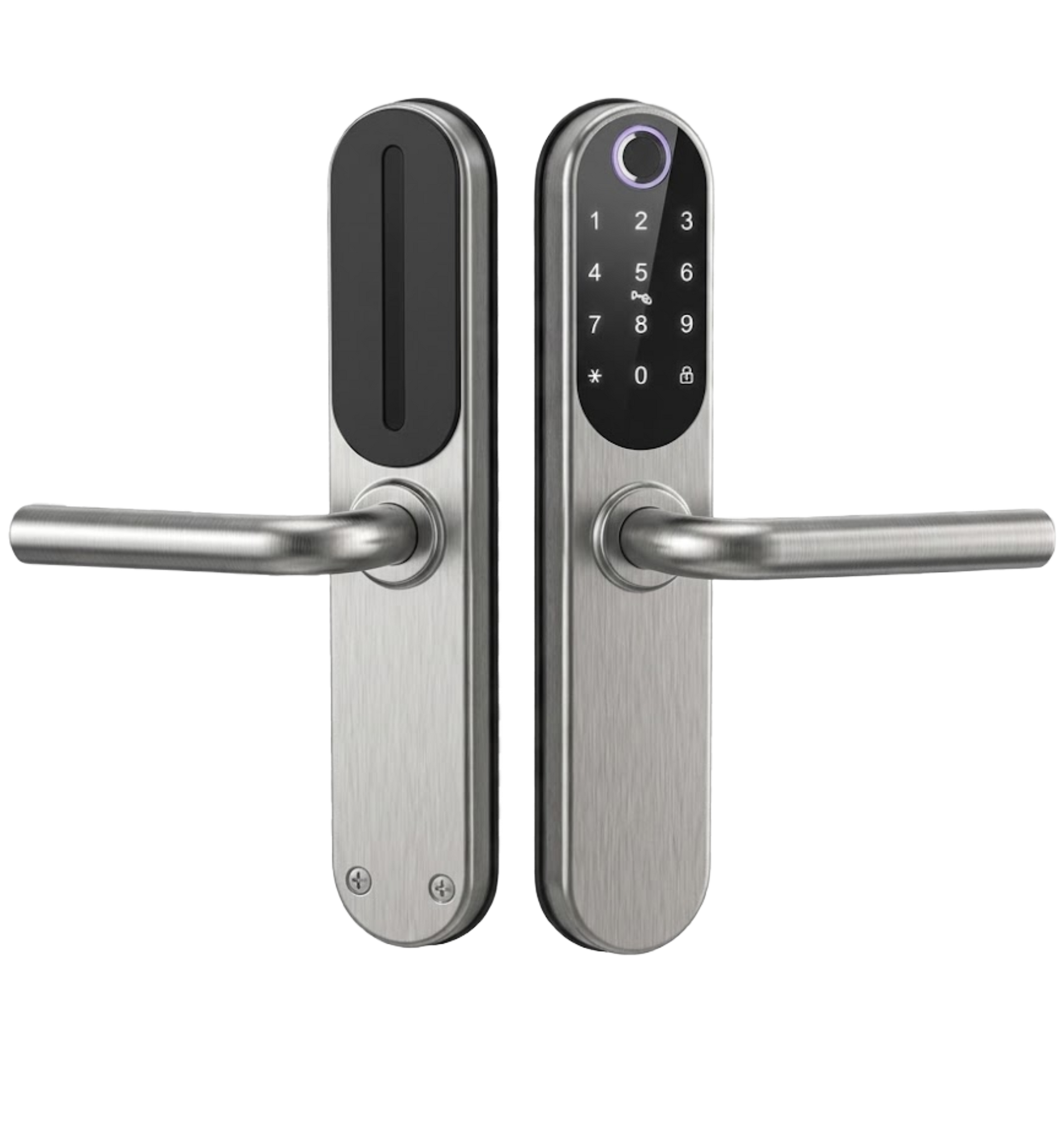 Poignée de porte biométrique GRIP ID en finition inox et en finition noire, vue de face avec clavier et capteur d'empreinte