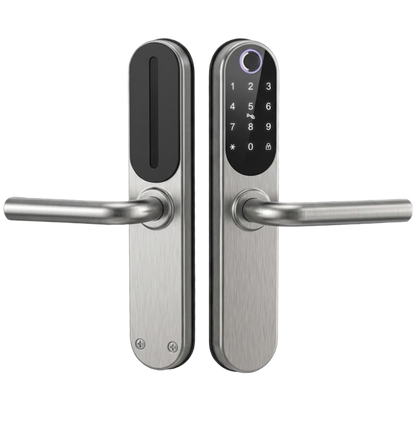 Poignée de porte biométrique GRIP ID en finition inox et en finition noire, vue de face avec clavier et capteur d'empreinte