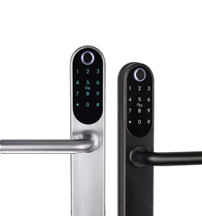 Gros plan des poignées GRIP ID inox et noire montrant le clavier tactile et le lecteur de badge RFID