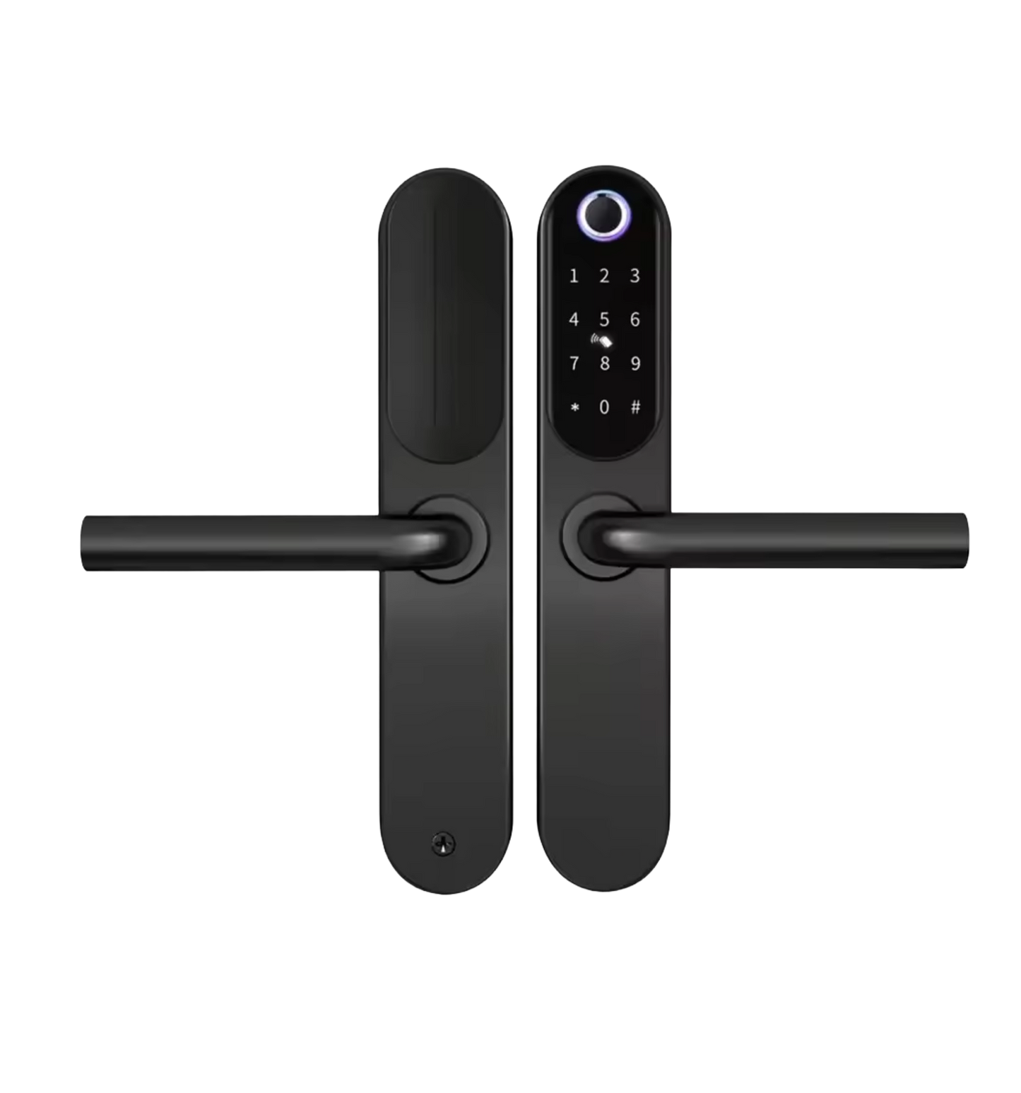 Poignées de porte GRIP ID noires, vue de face symétrique montrant le clavier numérique et le capteur d'empreinte