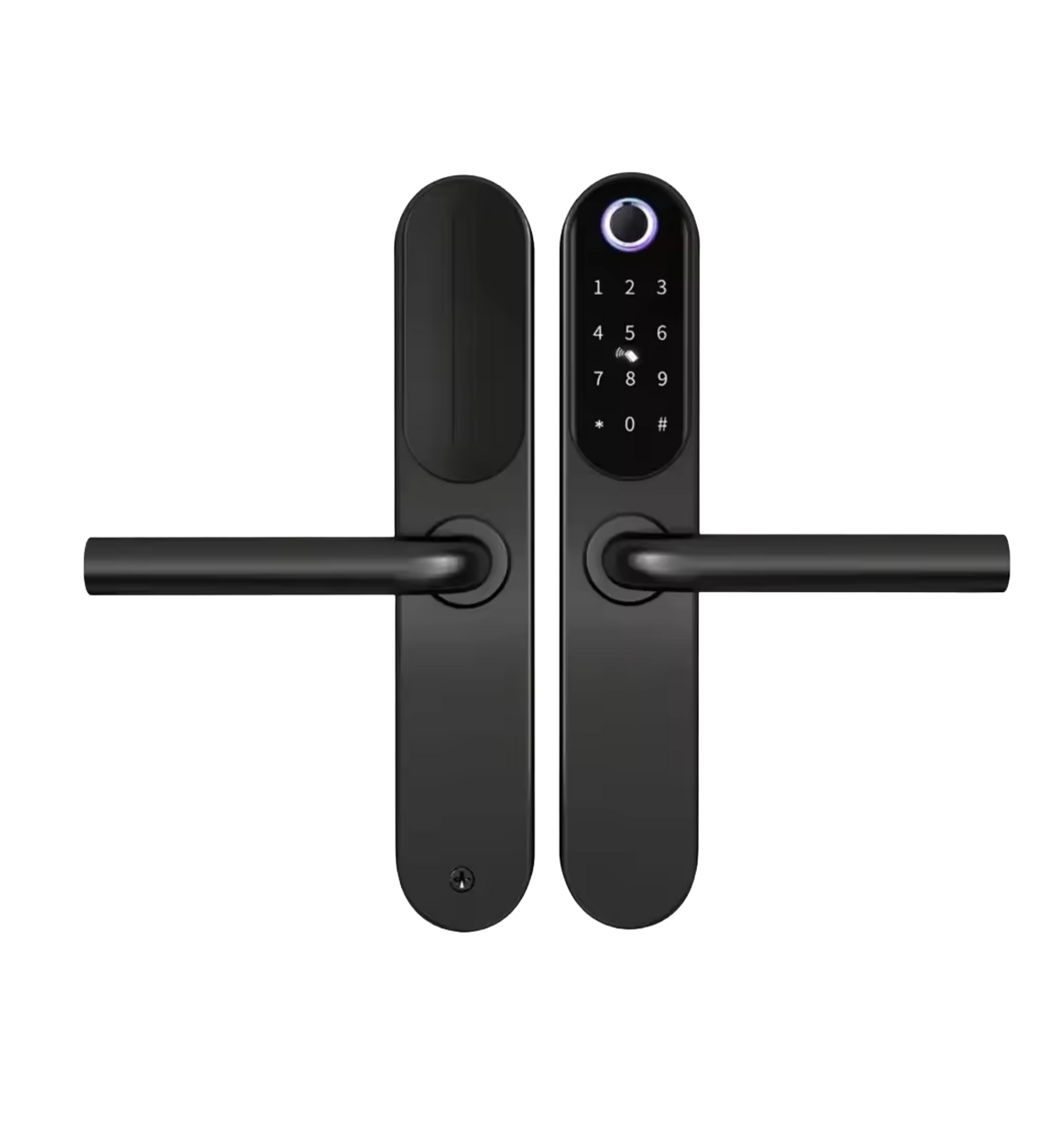 Poignées de porte GRIP ID noires, vue de face symétrique montrant le clavier numérique et le capteur d'empreinte