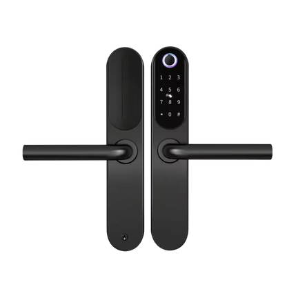Poignées de porte GRIP ID noires, vue de face symétrique montrant le clavier numérique et le capteur d'empreinte