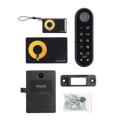 Accessoires fournis avec STEALTH DRAWER : porte-clés de programmation, badge RFID, plaque de fixation et visserie