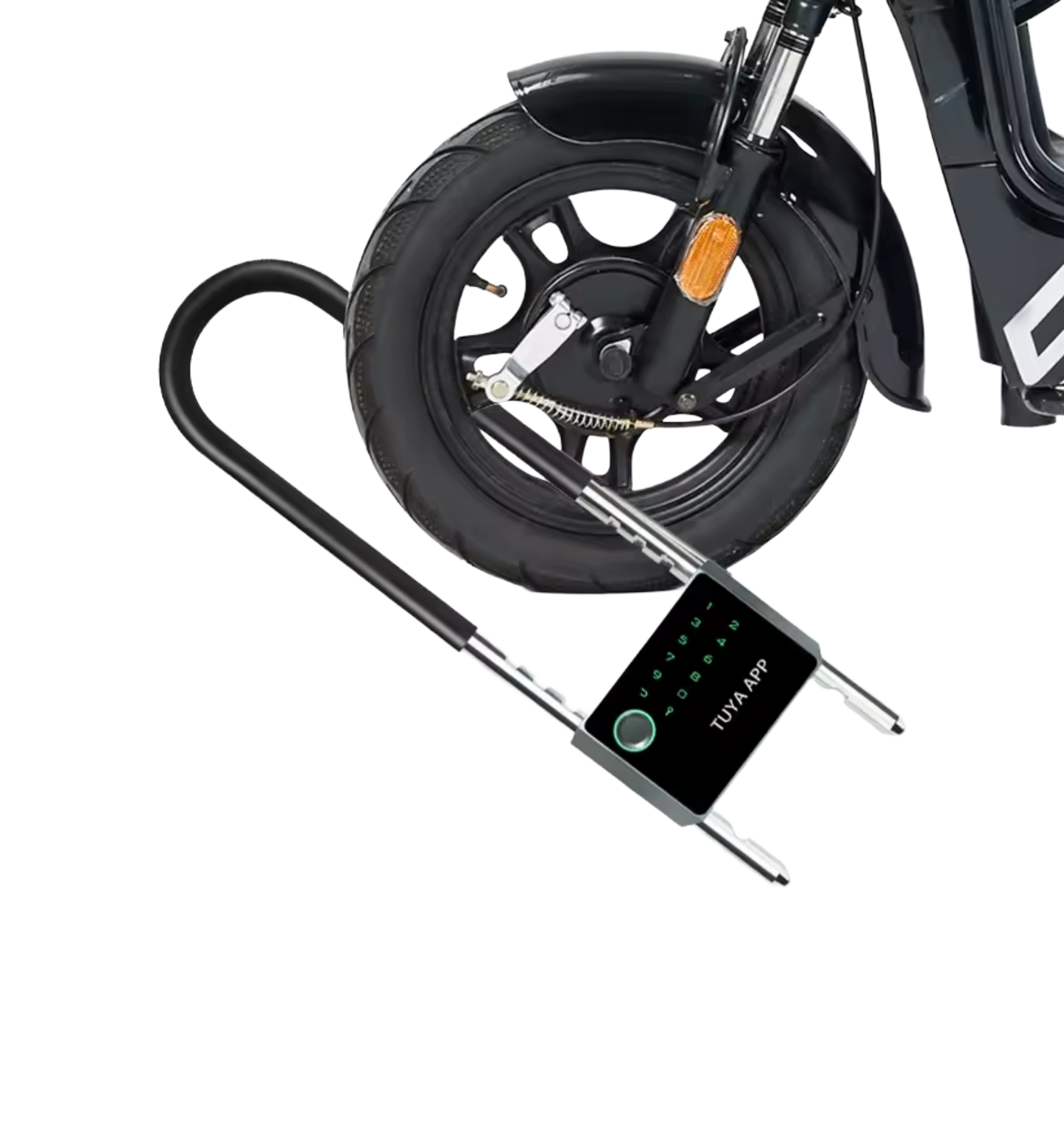 Antivol VELOCITY LOCK fixé sur la roue avant d'un deux-roues, clavier et capteur d'empreinte visibles
