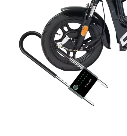 Antivol VELOCITY LOCK fixé sur la roue avant d'un deux-roues, clavier et capteur d'empreinte visibles