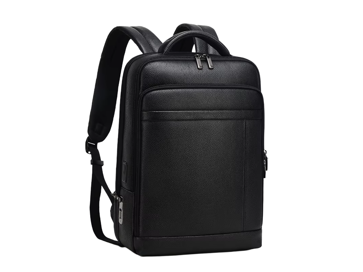 Sac à dos GUARDIAN BAG en cuir noir, vue de trois-quarts avec bretelles et poignée