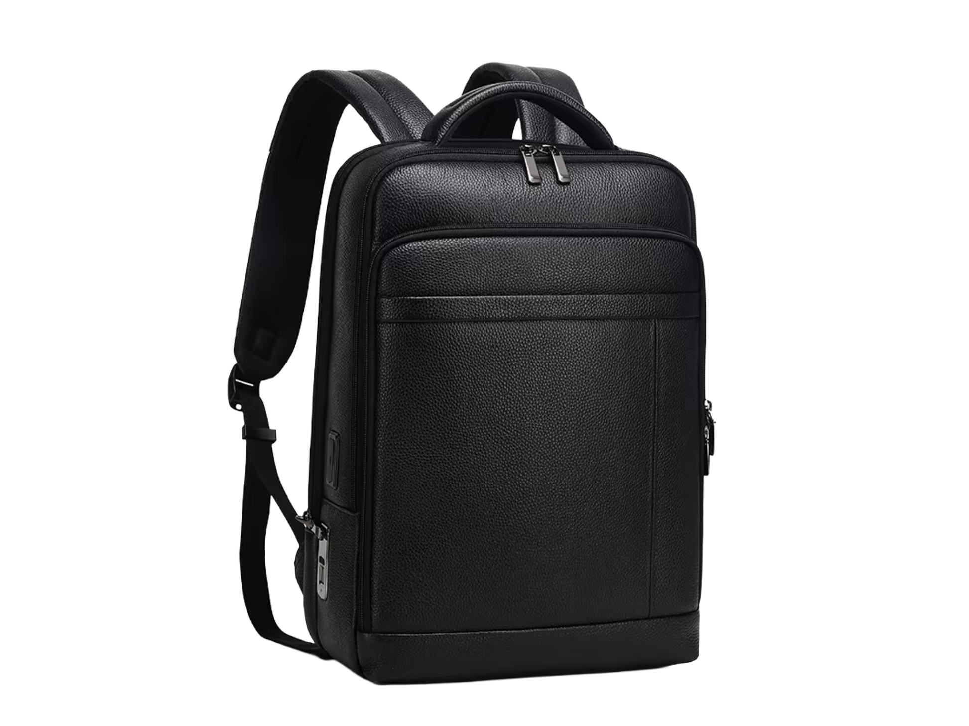 Sac à dos GUARDIAN BAG en cuir noir, vue de trois-quarts avec bretelles et poignée