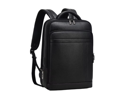 Sac à dos GUARDIAN BAG en cuir noir, vue de trois-quarts avec bretelles et poignée