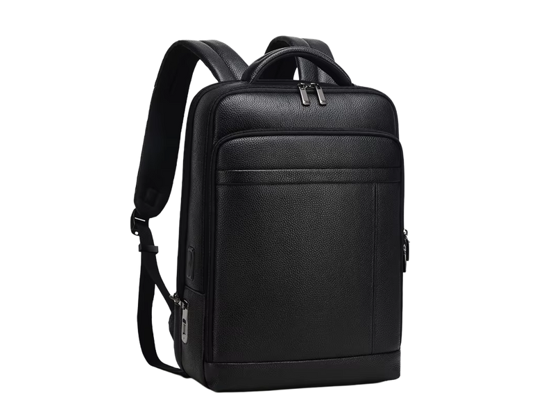 Sac à dos GUARDIAN BAG en cuir noir, vue de trois-quarts avec bretelles et poignée